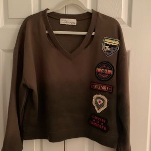 Military style v neck sweatshirt with cut outs